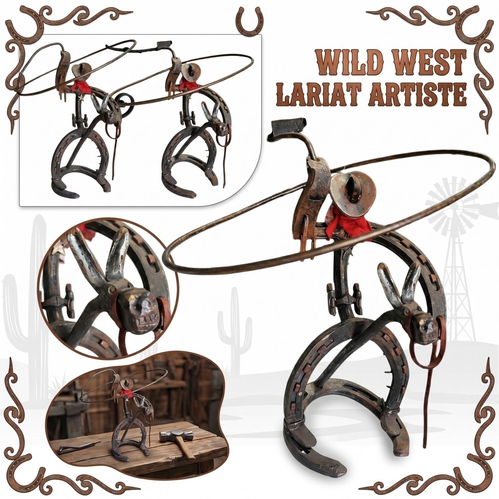 Western Cast Iron Metal Art Horseshoe Sculpture Cowboy Lasso Hat Decorative Figurine Rustic Farmhouse Tabletop Accent One Size