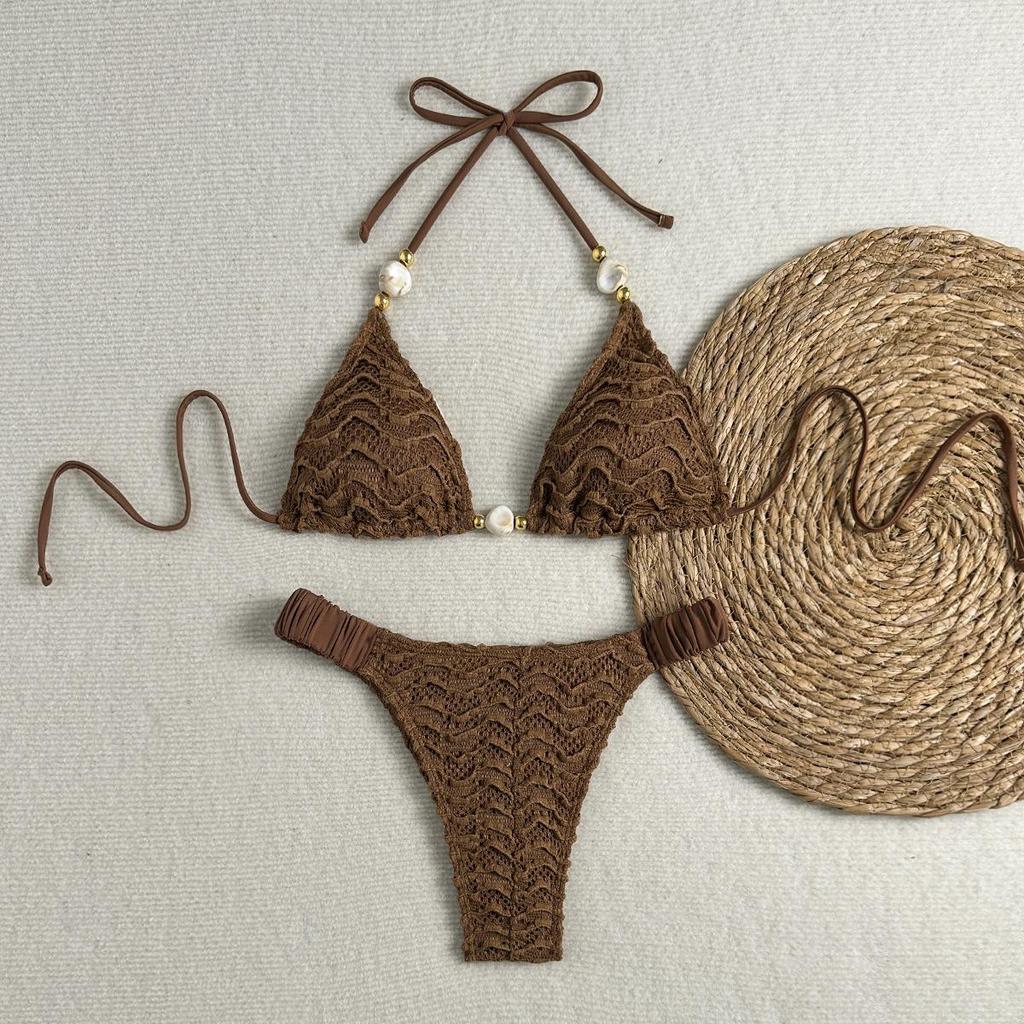 European and American New Special Beaded Texture Sexy Lace-up Split Swimsuit Bikini Bikini