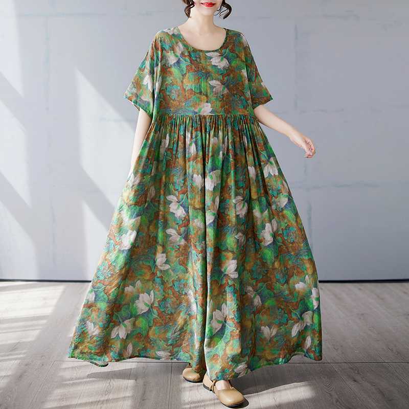 Fashionable Long Skirt Summer Short Sleeved Round Neck Printed Dress