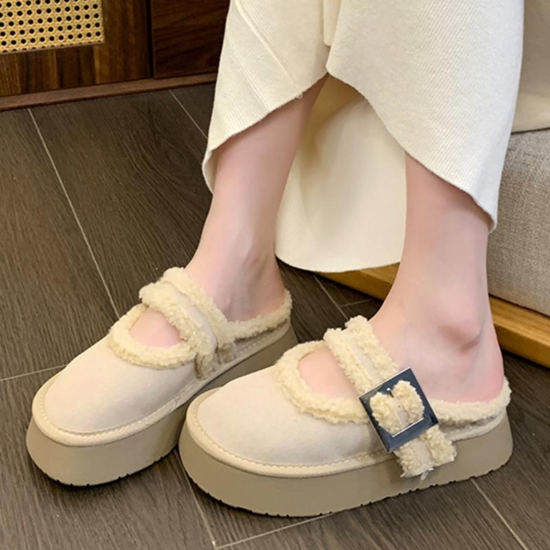 Fur Flats Women Slippers Short Plush Platform Cotton Shoes Shallow Buckle Casual Shoes 2024 Trend Designer Buckle Zapatos Femme