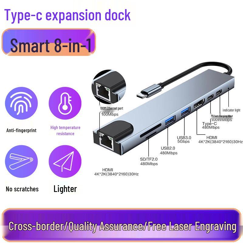 8-in-1 Type-C Multi-Port Hub with Ethernet & USB 3.0 Expansion Dock
