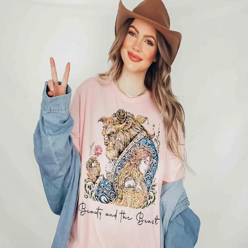 2025 Summer Retro Beauty and The Beast Shirt Tale As Old As Time 100% cotton printed T-shirt Family Shirt Loose S