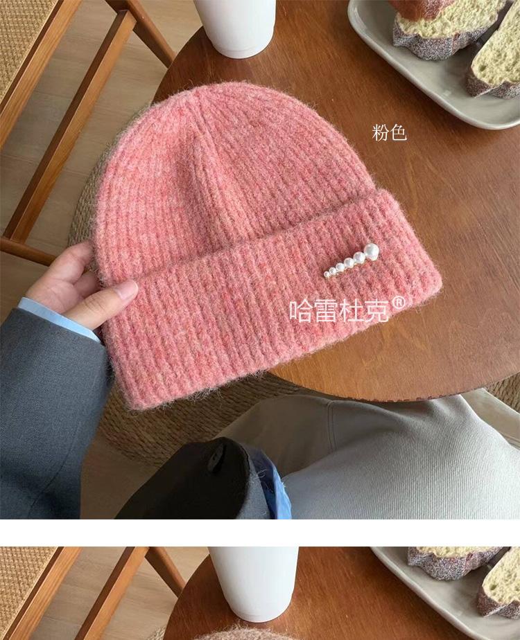 

Simple solid color pearl wool hat fashionable and casual versatile retro pullover wool hat knitted cold hat for men and women One size elastic 54-58cm рожевий