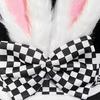 Yousheng Easter Bunny Ear Top Hat for Women Men Adults Furry Rabbit Ear Hat with Checkered Bow for Halloween Party Costume Easter Cosplay Accessory