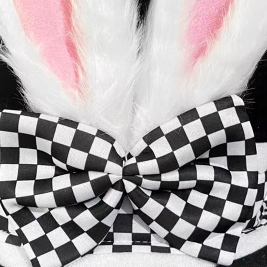 Yousheng Easter Bunny Ear Top Hat for Women Men Adults Furry Rabbit Ear Hat with Checkered Bow for Halloween Party Costume Easter Cosplay Accessory