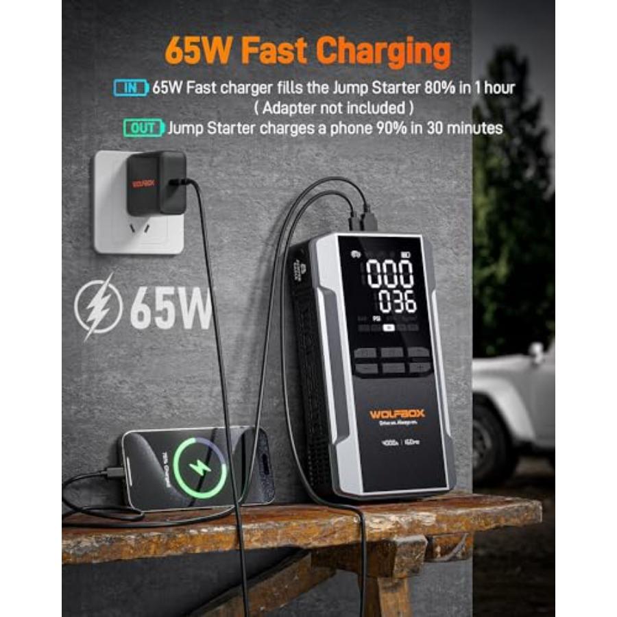 4000A Jump Starter with 160PSI Air Compressor 12V Car Battery Booster 88.8Wh Portable Jump Box 10.0 Gas/10.0L Diesel with 65W F