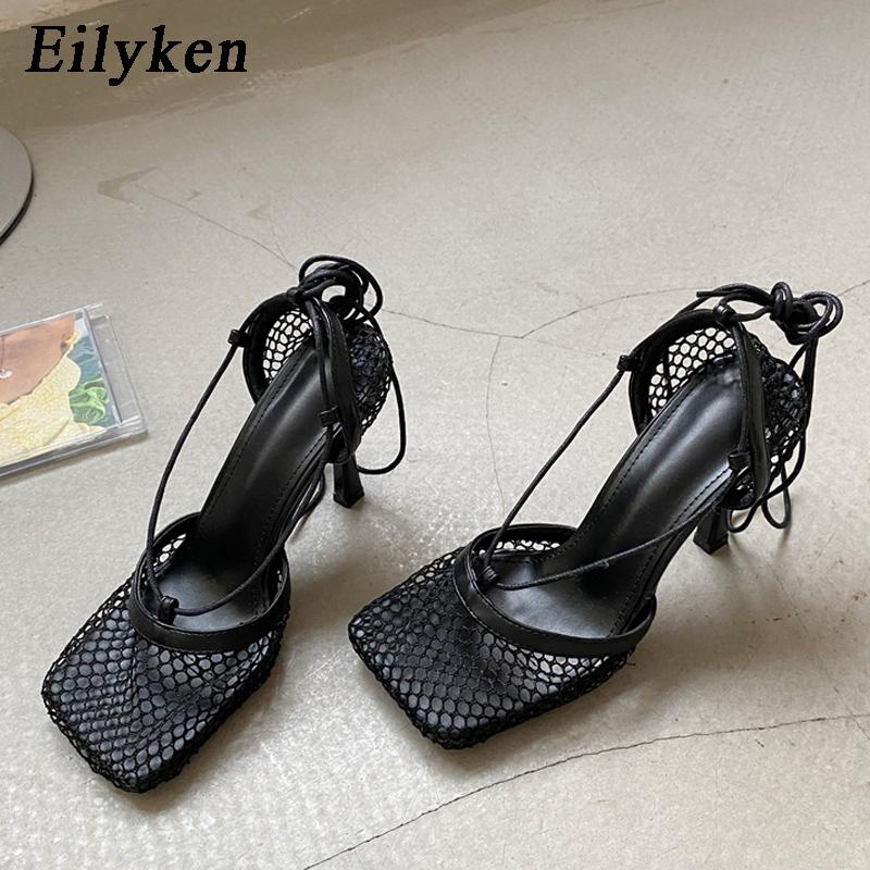 Fashion Eilyken Spring Mesh Casual Pumps Sandals Female Square Toe High Heel Lace Up Cross-tied Stiletto Hollow Dress Tacones De Mujer