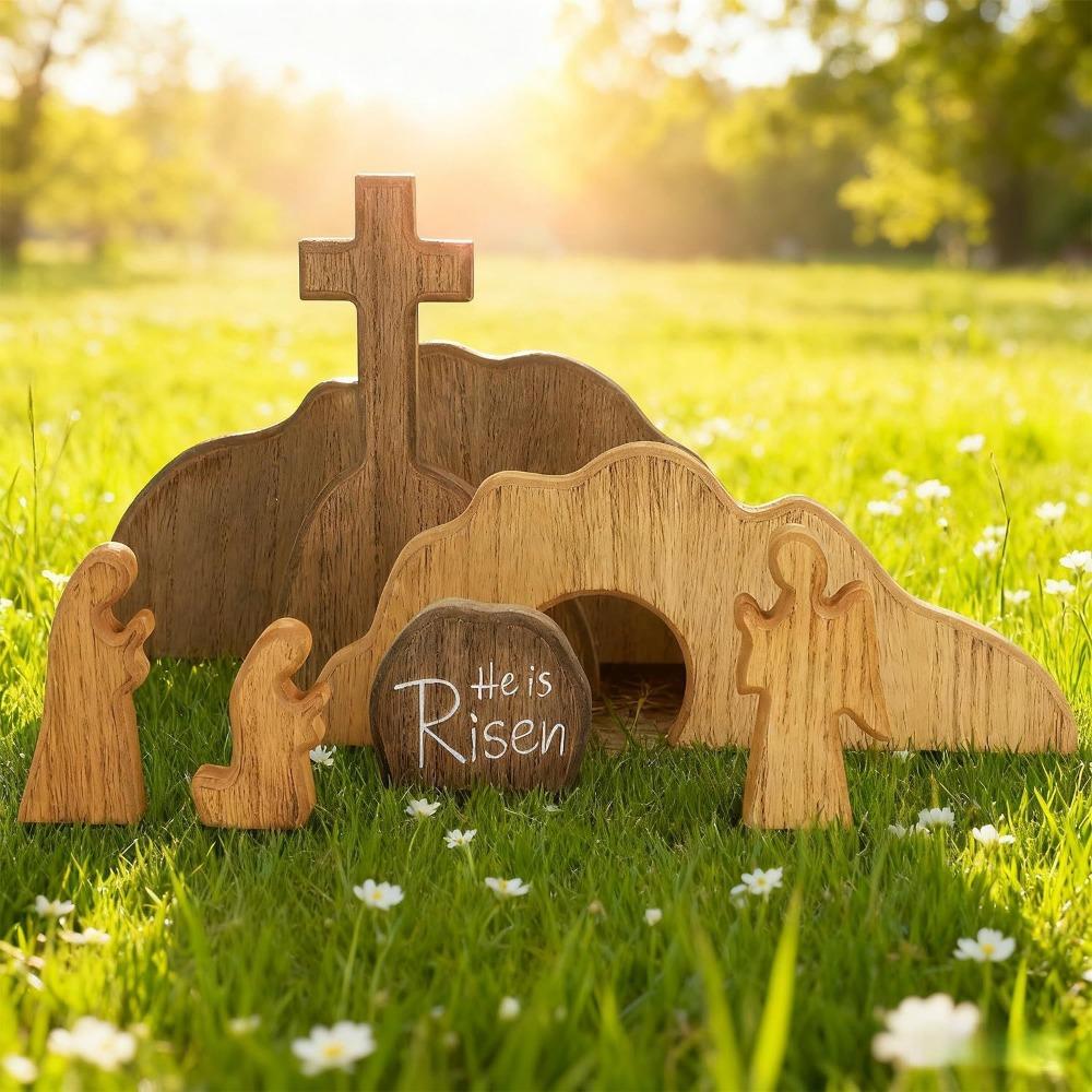 Portable Wooden Empty Tomb Easter Scene Ornament Mini Decorative Easter Resurrection Scene Statue DIY Easter Cross Ornament Gift