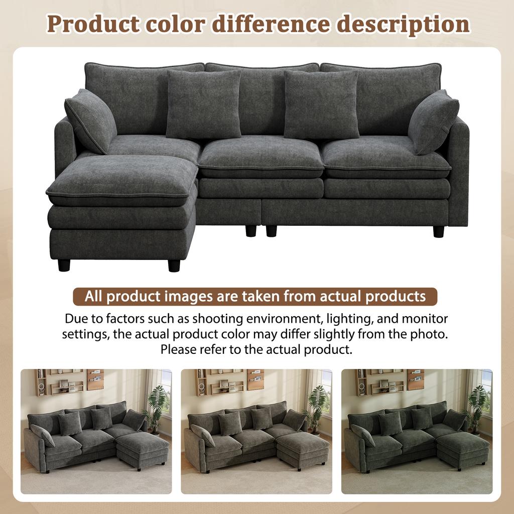 L-Shaped Corner Sofa with 4 Cushions and 3 Backrests, 3-Seater Sofa with Chaise Longue, Capacity up to 120 kg, Living Room Sofa 212×150×90 cm, Grey