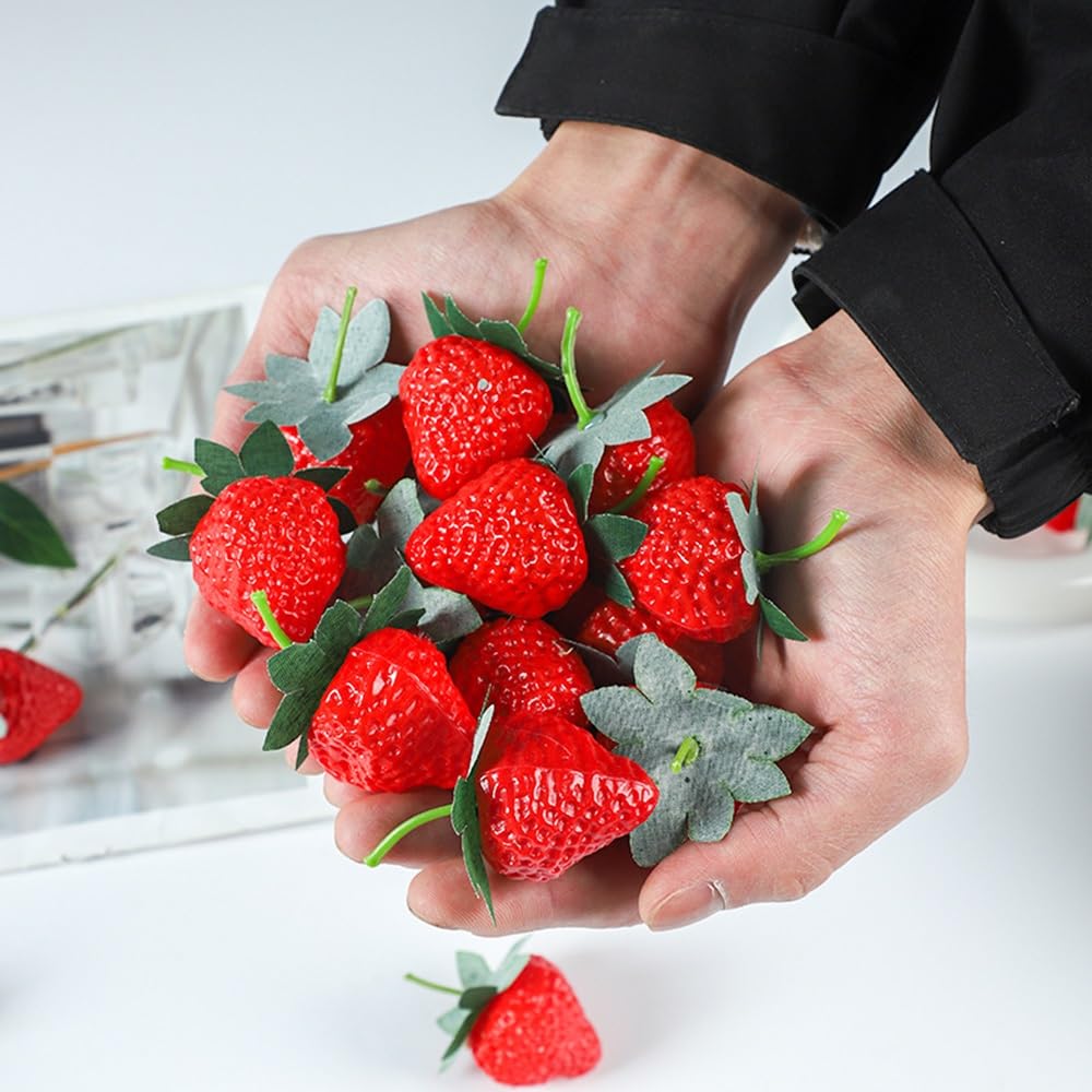 DIFEIUKI Set of Lifelike Artificial Strawberries with Food Fruit Home Wedding Realistic Photography Props 30-Piece Stems, Samples, Models, Kitchen,