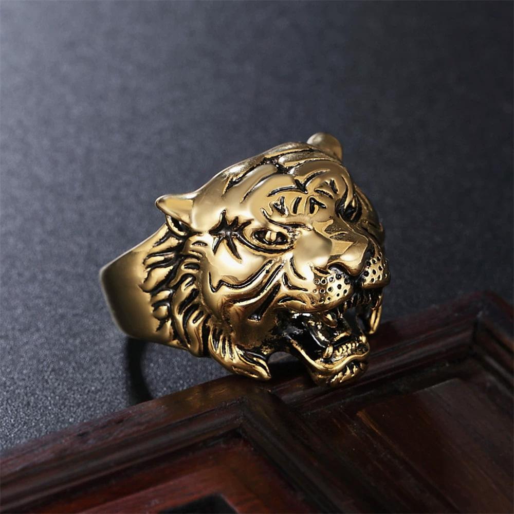 Retro Tiger Head Ring for Men Antique Gothic Adjustable Open Ring Alloy Zinc Alloy Plated Zircon Punk Rock Hiphop Accessories Gift