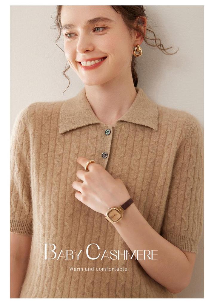 Short-Sleeve Women's Cashmere Polo with Lambswool Collar, Loose Fit, Versatile Cable Knit.