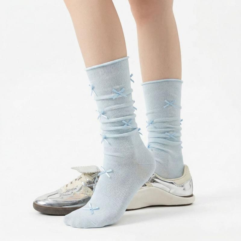 Spring and Summer Cute Bow Tie Pile-up Socks, Fashionable and Versatile Long Stockings, Lightweight and Breathable Calf Socks for Women