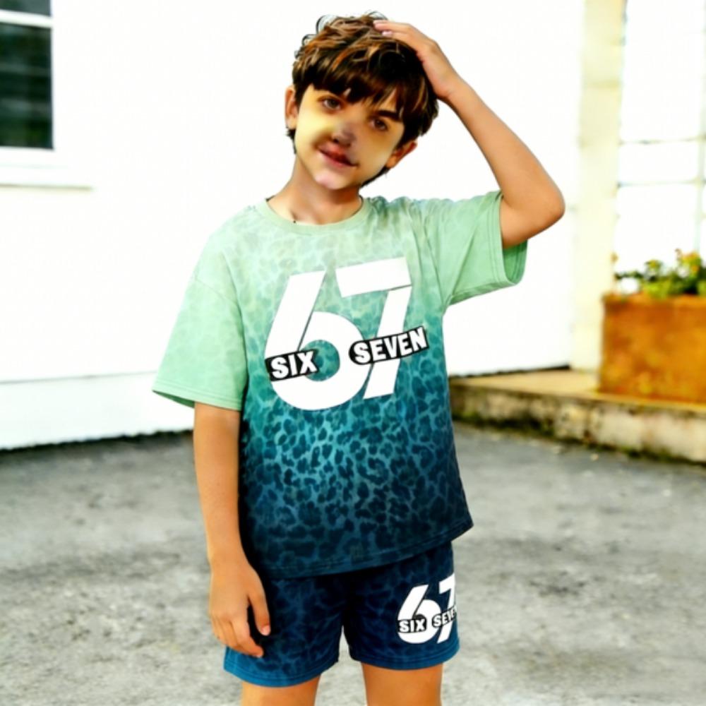 Gradient Leopard 67 Printed Men's T-shirt and Shorts 2 Piece Set Summer Casual Outfit for Men's and Women's Clothing Top