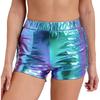 Shorts de Booty Métalliques Brillants pour Femmes Taille Élastique Poches Latérales Shorts Rave