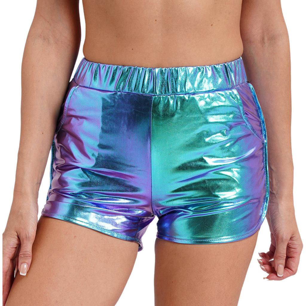 Shorts de Booty Métalliques Brillants pour Femmes Taille Élastique Poches Latérales Shorts Rave