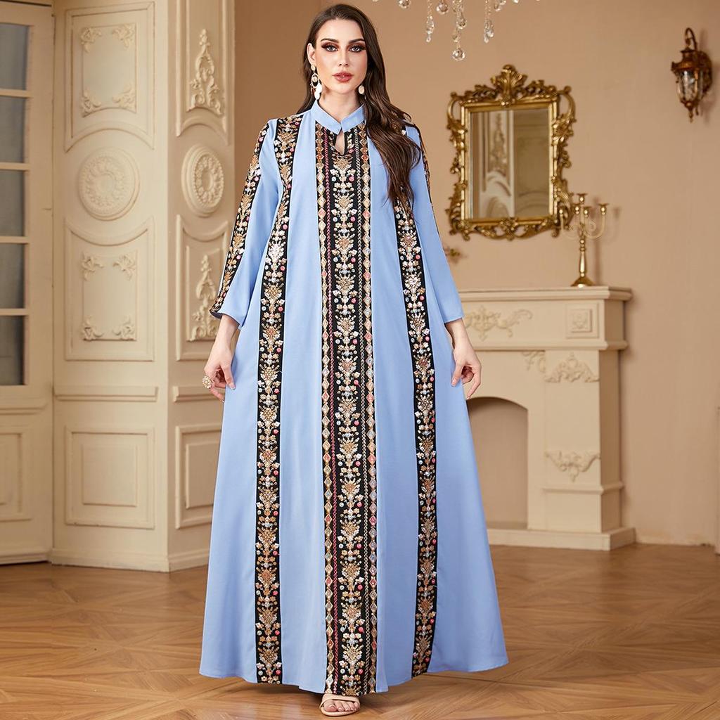 Middle Eastern V-neck Embroidered Color-Block Muslim Dress