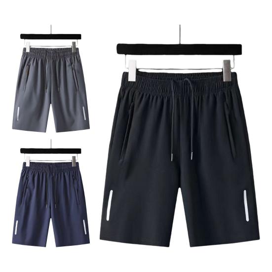Men Sport Shorts Solid Color Straight Elastic Waist Casual Daily Wear Plus Size Zipper Pockets Retro Thin Knee Length Summer Shorts Men Clothes