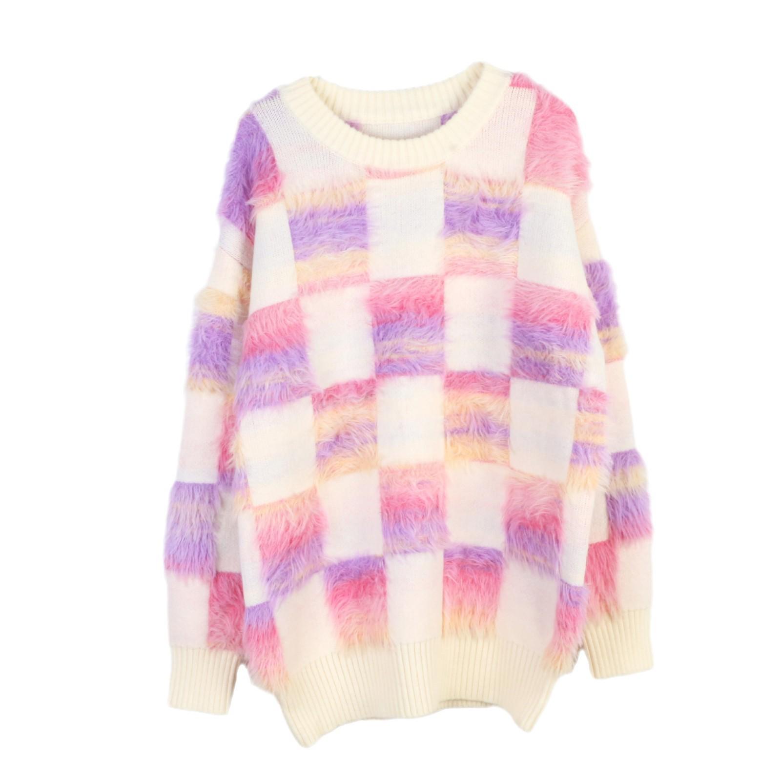 

2024 Осень/Зима Градиентная Клетка Мохер Свободного Кроя Средней Длины Свитер Large