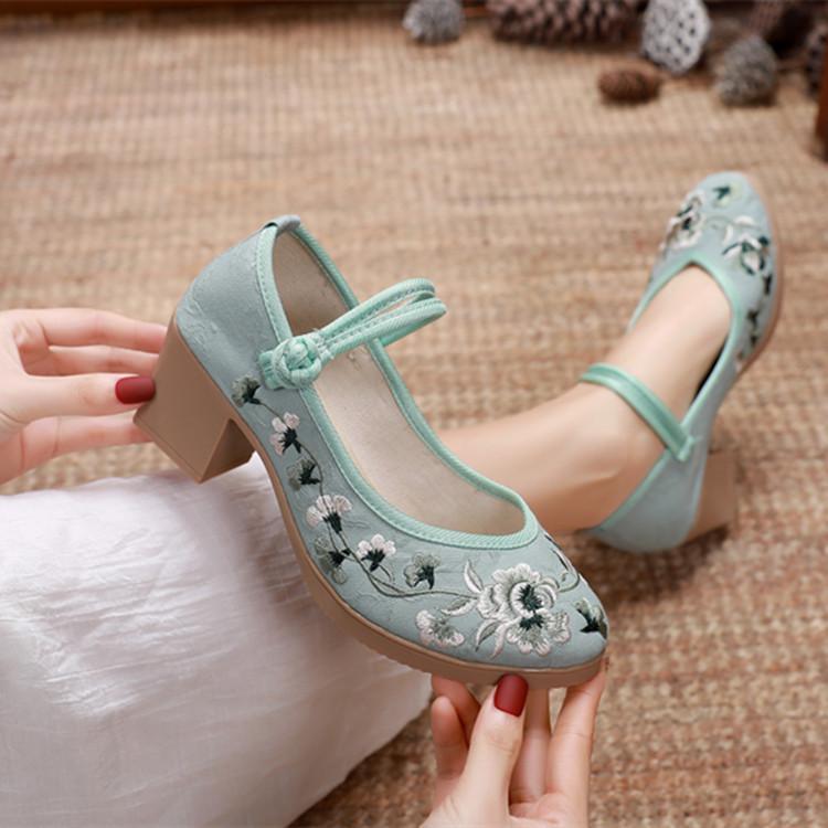 Fashion Women's Summer New Chinese Style Hanfu Shoes Fashion Vintage Flowers Embroidery Round Toe High Heel Cloth Shoes Zapatos De Mujer