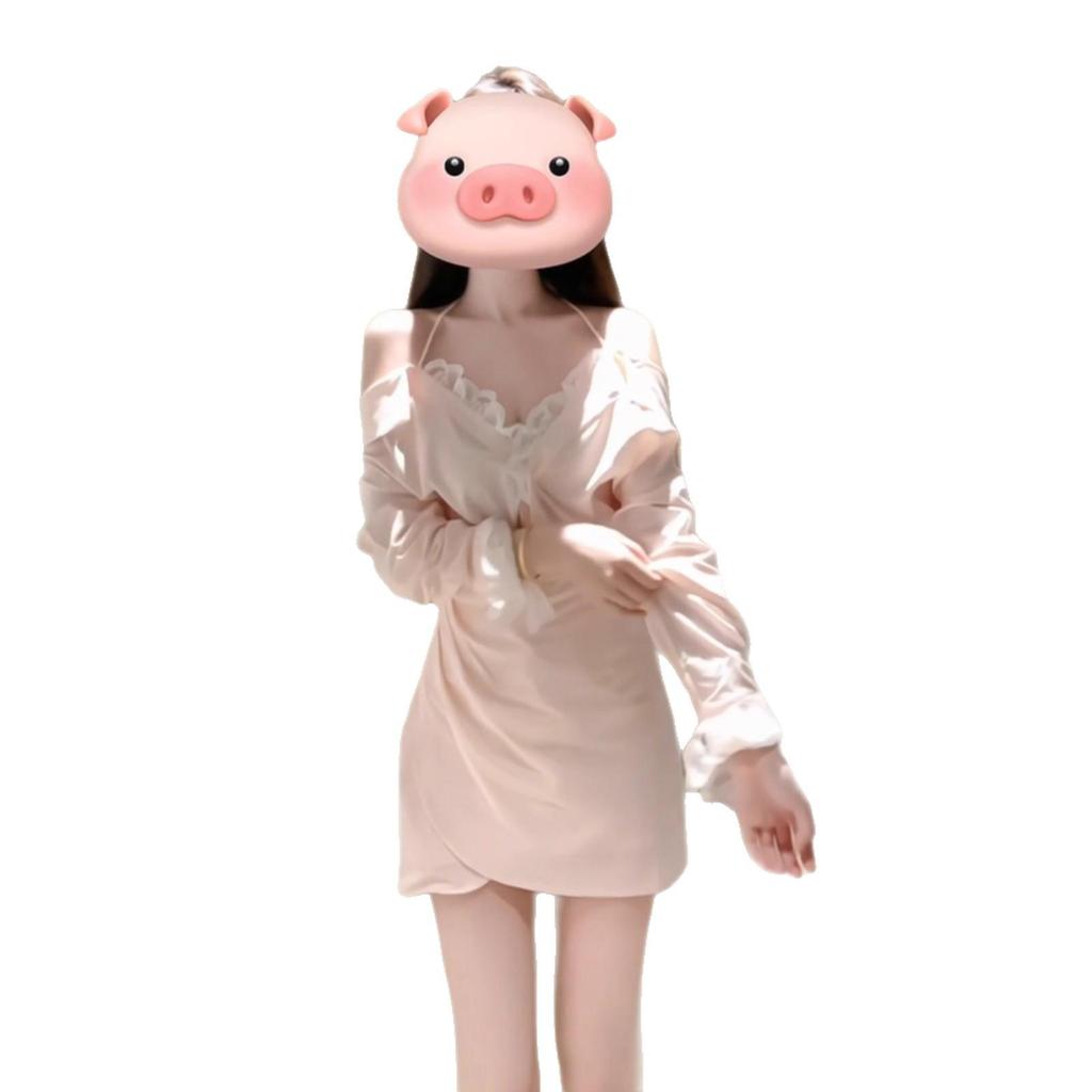 Pink Halter Neck Off-Shoulder Long Sleeve Dress with Lace - Flirty Early Autumn Style