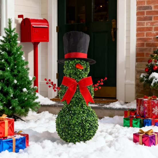 Christmas Snowman Topiary 31" Artificial Snowman Shaped Topiary Tree with Red Bow Santa Hat Faux Boxwood Topiary for Home Front Porch Garden Decor