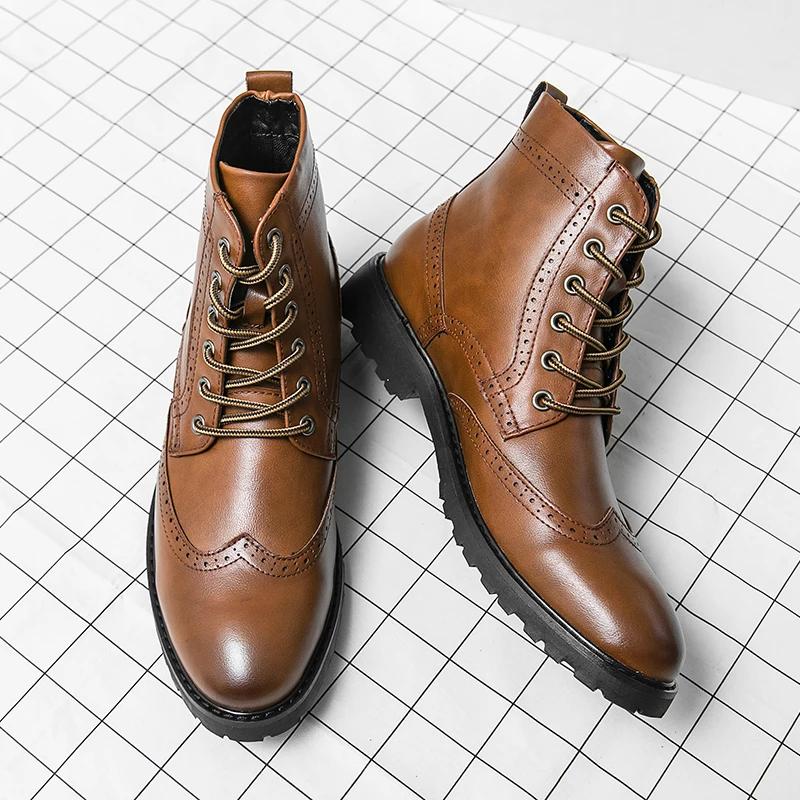 Fashion Men High Top Brogues Boots Fashion Chelsea Boots Leather Ankle Boots Zipper Non-slip ShoesMen Platform Boots Zapatos De Hombre