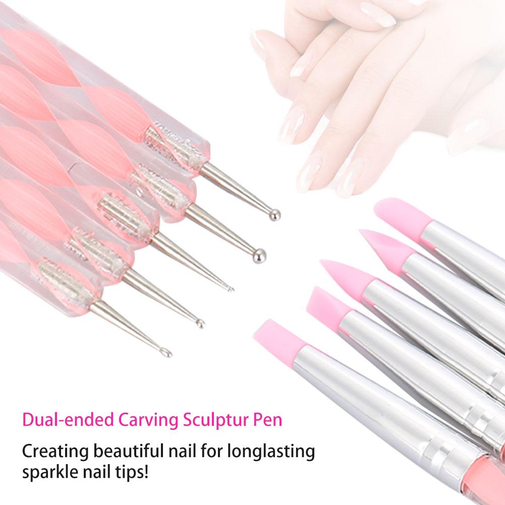 5pcs Dual ended Carving Sculptur Pen Set Silicone Head Dotting Pen Manicure Nail Art Tool Pink