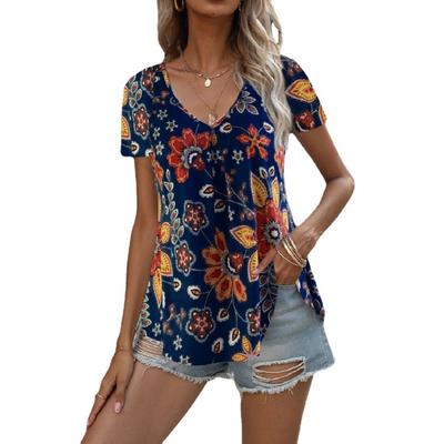 T-shirt d'été multicolore à col en V et manches courtes pour femme
