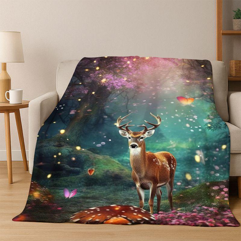 Dreamy Cute Deer Elk Cartoon Flannel Blanket Soft Warm Throw Blanket for Bedroom Living Room Bed Travel Camping Picnic Gift Kid