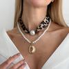 Vintage Leopard Print Flannel Imitation Pearl Stacked Necklace, Geometric Liquid Metal Pendant Collarbone Necklace
