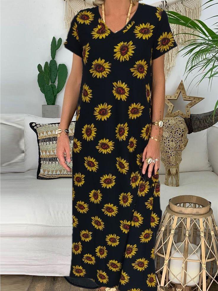 

Женское платье из ткани Pegasus с короткими рукавами и v-образным вырезом в полный рост с узором подсолнуха S-M