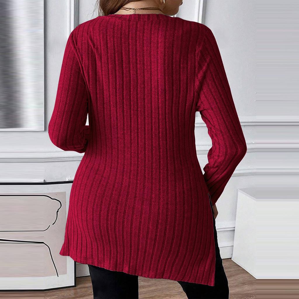Women's Plus Size Casual And Fashionable Square Neck Long Sleeved Slit Top Slit Top