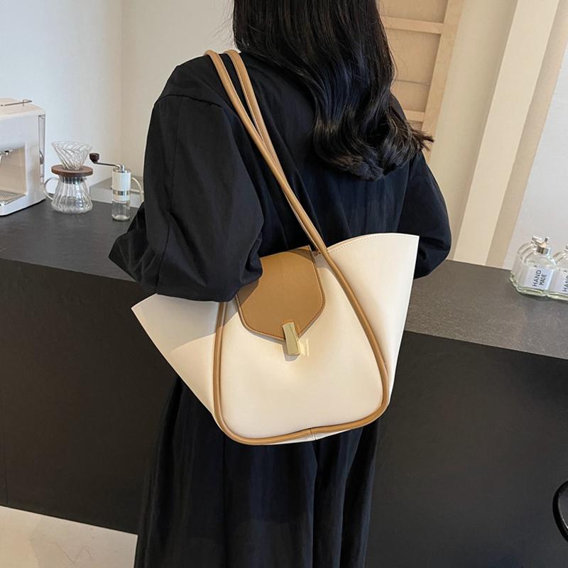 YogodlnsNew Ladies Tote Bag Basket Style Single Shoulder Commuter Bag Pure Color Versatile Handbag Soft PU Material Large Size