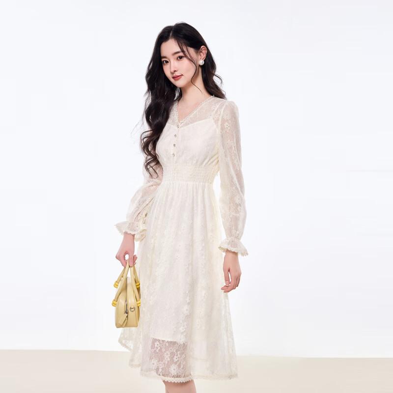 

Qiushui Yiren V-neck Spliced Lace A-line Midi Dress M