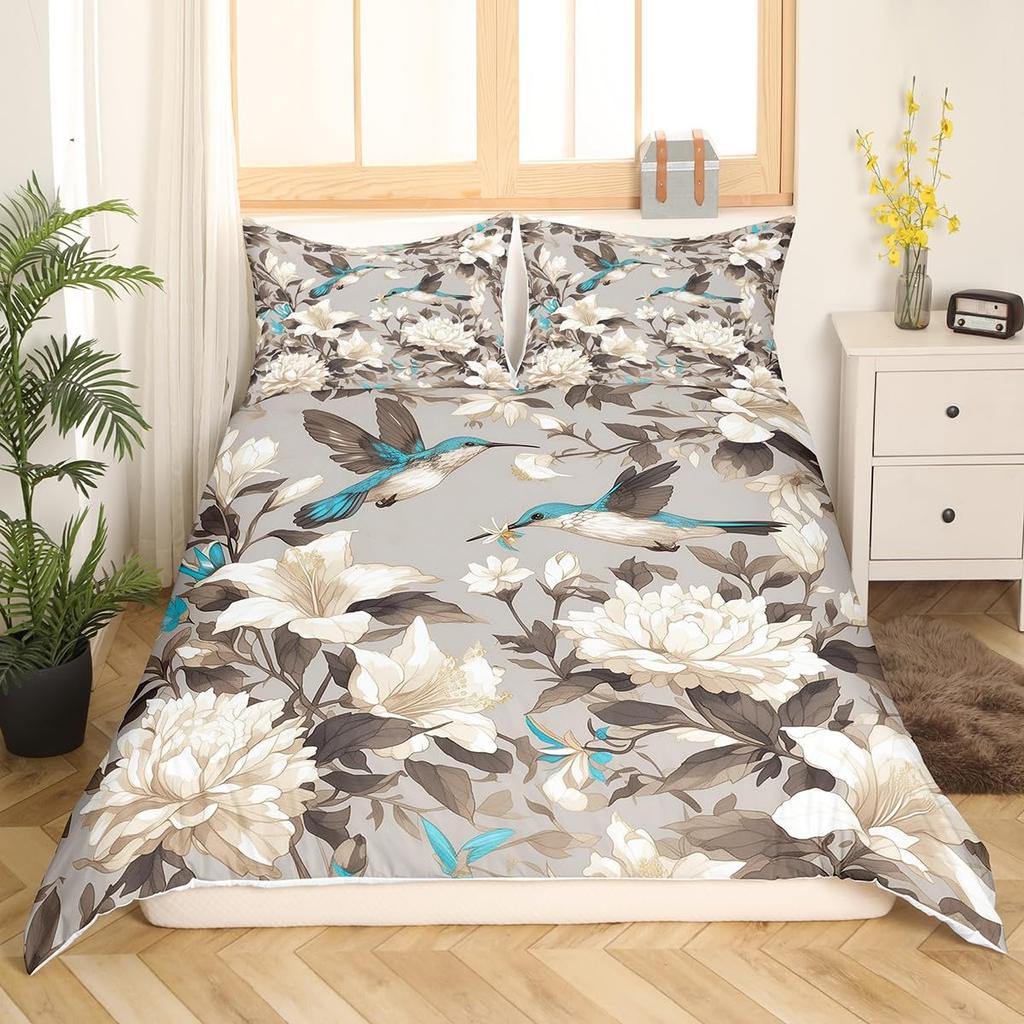 Hummingbird Floral Duvet Cover Birds Bedding Set Blue Green Spring Wild Animals Botanical Comforter Cover Polyester Quilt Cover