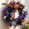 Wall Fireplace Hanging Ornaments Halloween Wreaths for Front Door, Skull Pumpkin Wreath with Berries, Black Spooky Bat Cabin Party Props Roses, Purple