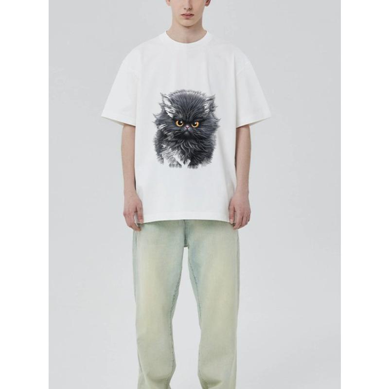 Crewneck T Shirt Black Fluffy Cat Print for Casual Wear