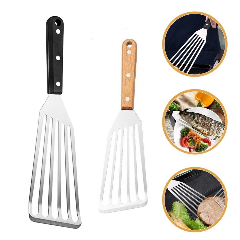 Stainless Steel Fish Frying Spatula Wooden Handle BBQ Cooking Spatula  Kitchen Cooking Utensils
