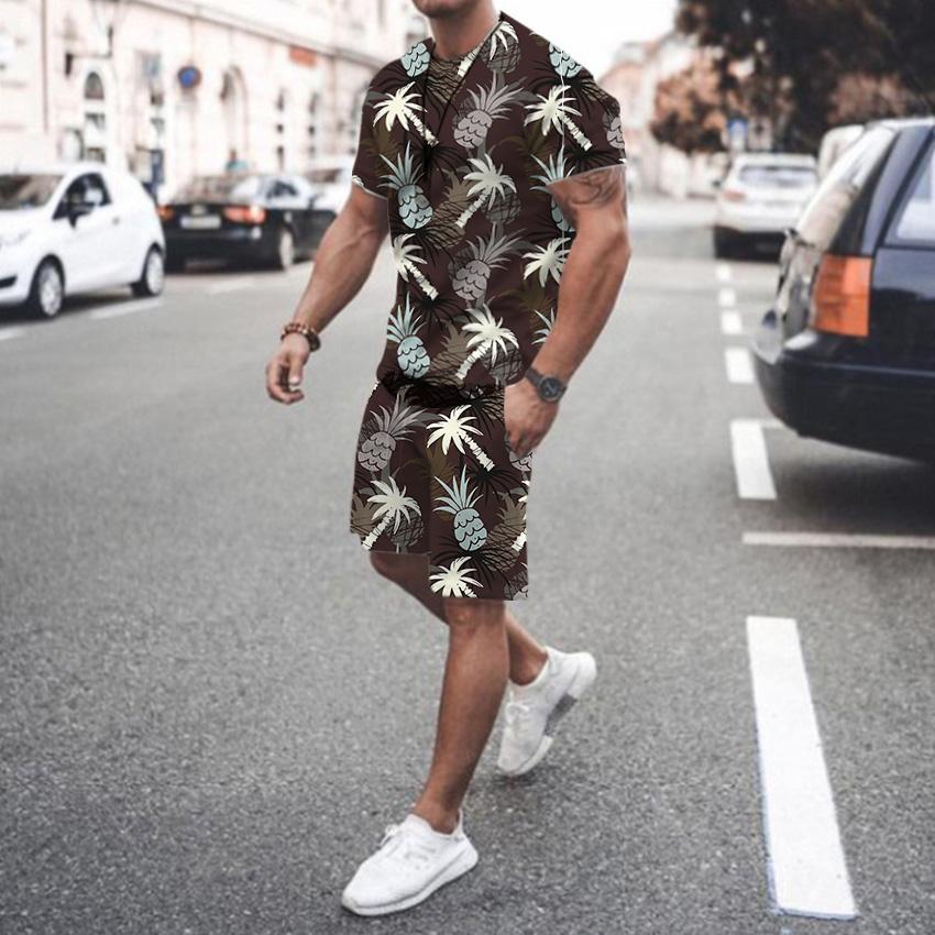 Set de două piese pentru bărbați și tineri, tricou și pantaloni scurți Hawaii, la modă, casual, pentru vacanță, la modă, set de imprimare 3D de stradă