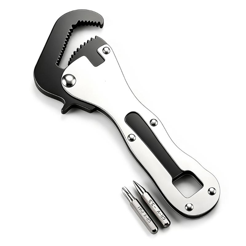 Multipurpose Hand Tool with Adjustable Serrated Jaw, Two Screwdriver Inserts, and 13 cm Short Spanner Body for Household Repairs and Installation