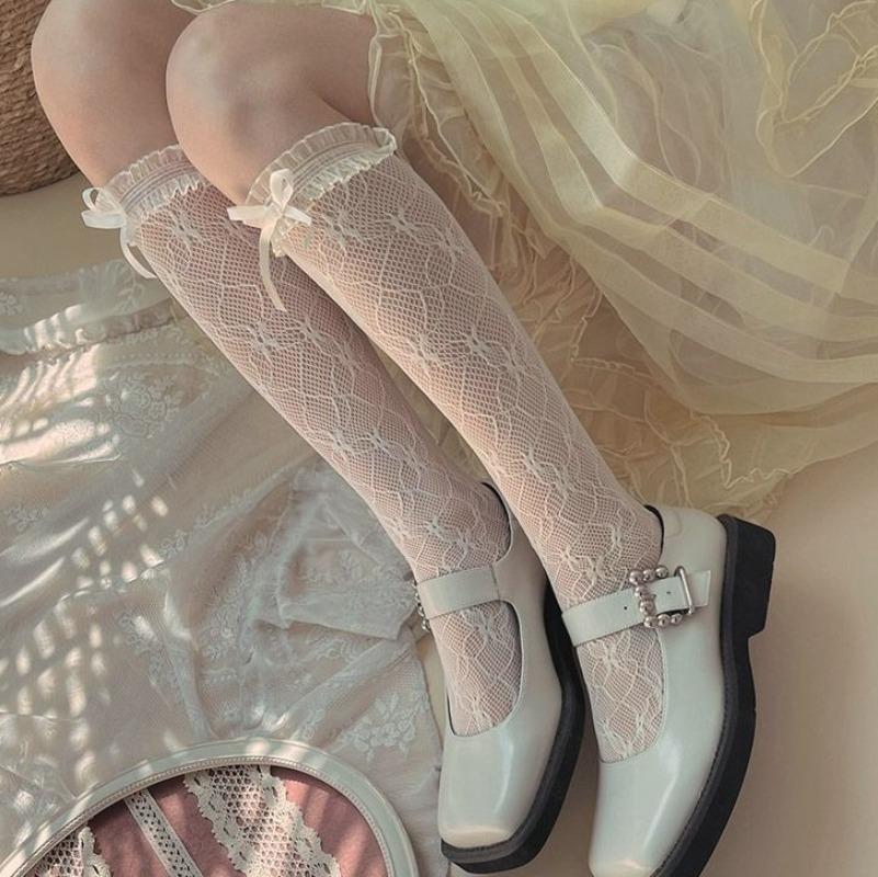 1 Pair Kawaii Bow Lace Mid Calf Girl Sock JK Schoolgirl Mary Jane Cut-out Socks Summer Jacquard Bow Floral Thin Tweed Stockings