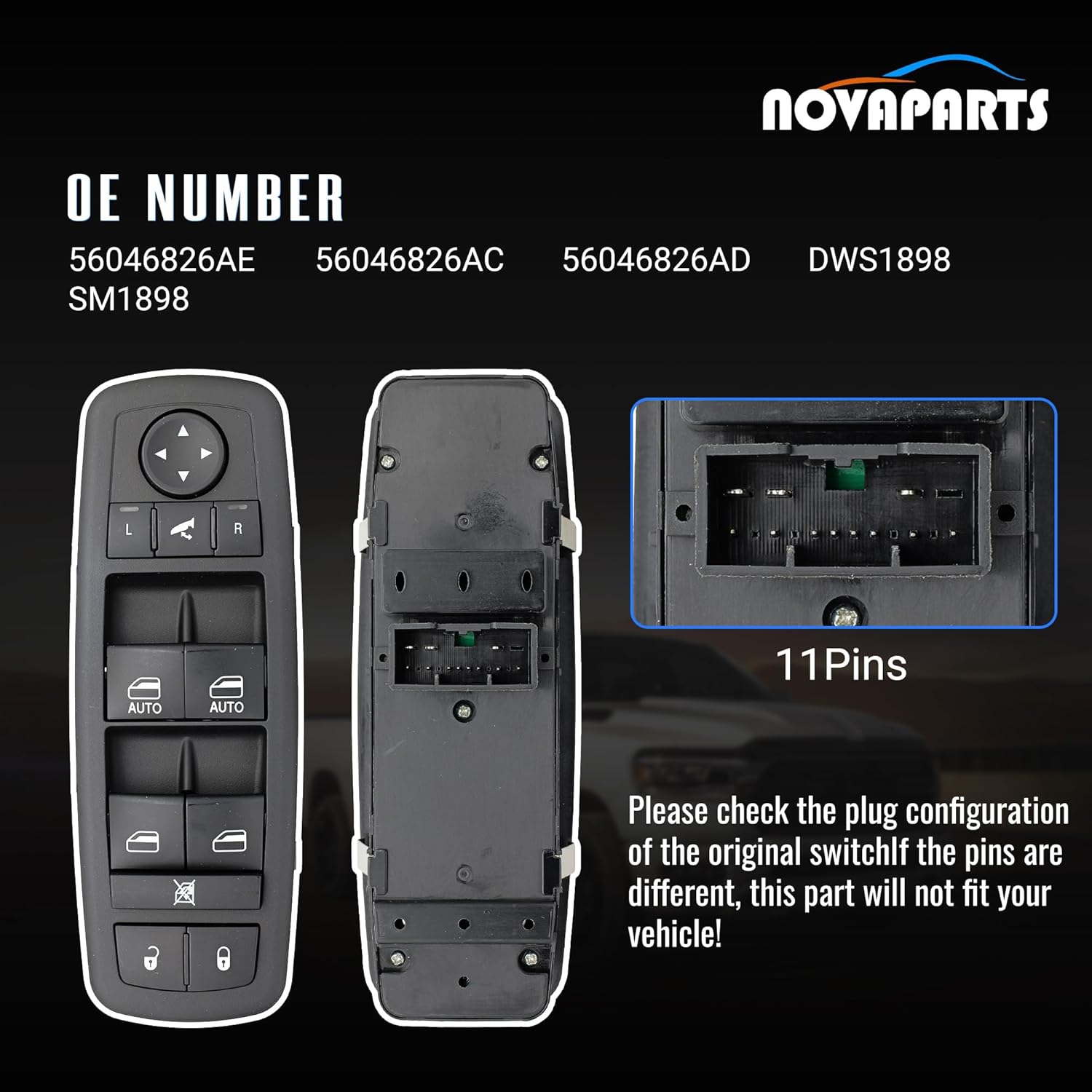 11PINS 56046826AE Driver Side Power Control Window Switch for 2016-2018 Ram 1500 2500 3500 Laramie 2019-2024 Ram 1500 Classic Laramie 56046826AC