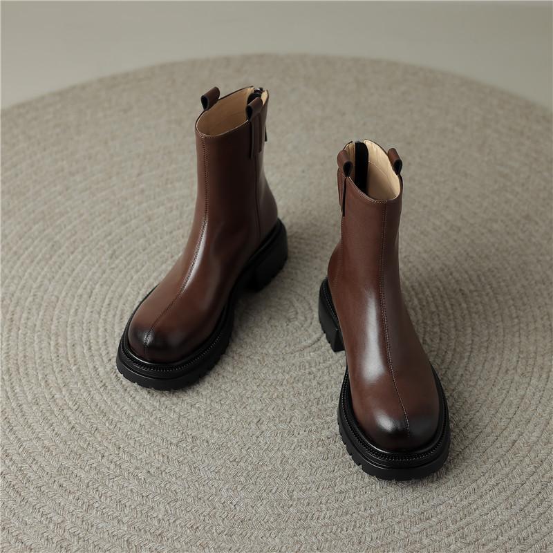 Cizme scurte de damă cu toc joasă toamnă și iarnă noi, confortabile, din piele de vacă, cizme scurte de dimensiuni mari, casual, cu toc gros