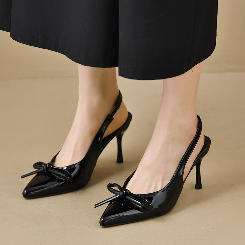 

Fashion 2025 New Summer Women s Dress Shoes Patent Leather Slip on Pointed Toe Sandals Buckle Slingbacks Mid Heels Pumps Sandalias Mujer 35 чёрный