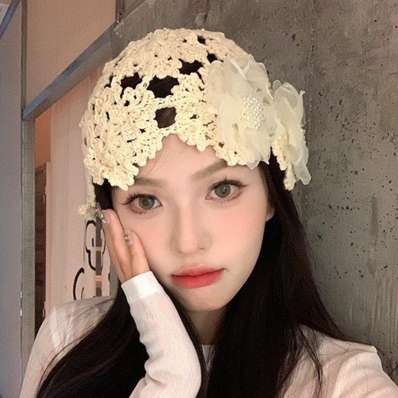 Ethnic Style Crochet Flower Knitted Hat Hollow Out Beanies Knit Cap Handmade Korean Apparel Accessories