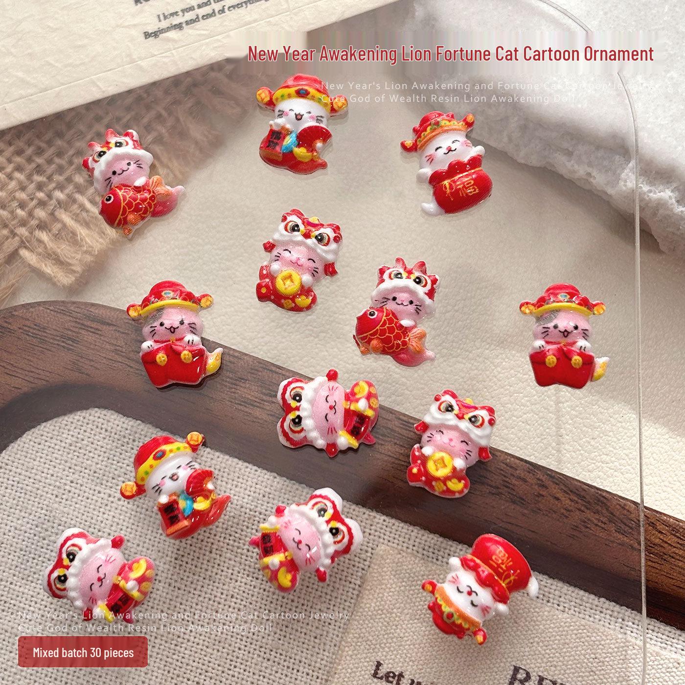 New Year Fortune Lion & Cat Nail Art 3D Resin Rhinestones Decorations