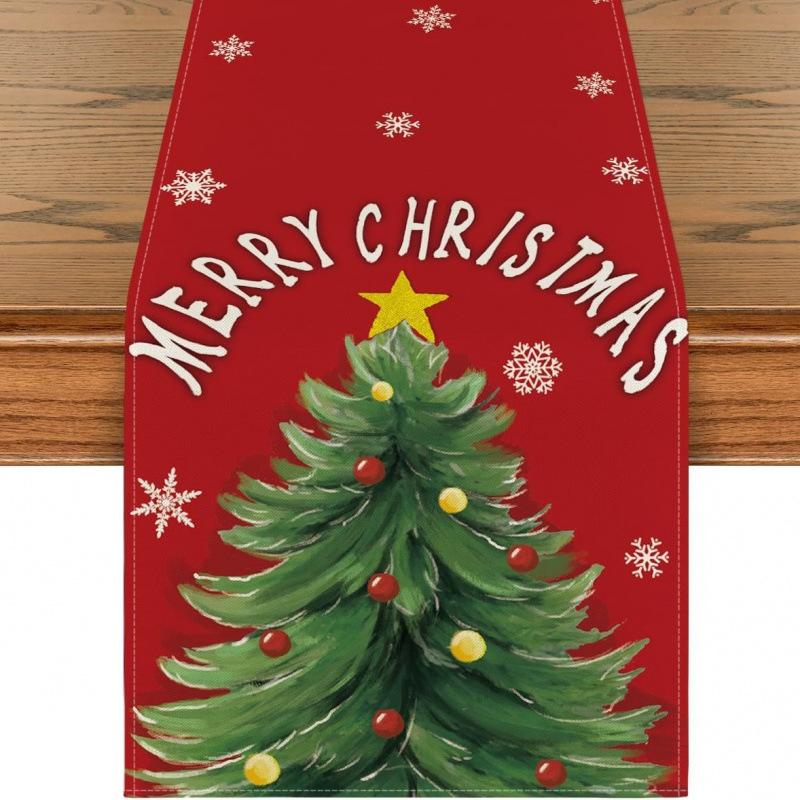 Festive Snowman Christmas Tree Table Runner Home Kitchen Dining Tablecloth for Party Decoration