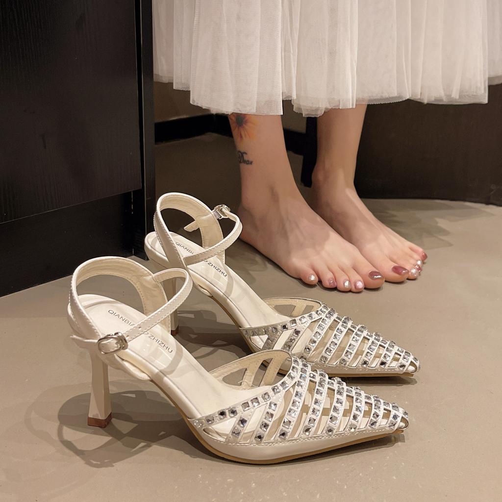 Rhinestone bag head hollow sandals female large size summer new one-word strap high heels niche temperament fairy