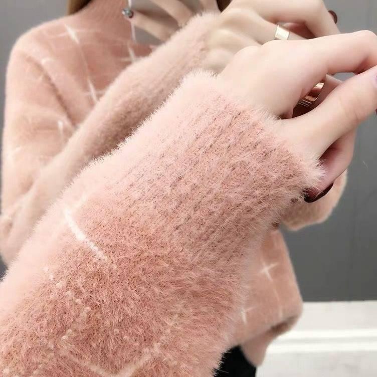 Women Mohair Fuzzy Skin-friendly Sweater Long Sleeve Half Turtleneck Bottom Knit Shirt Top